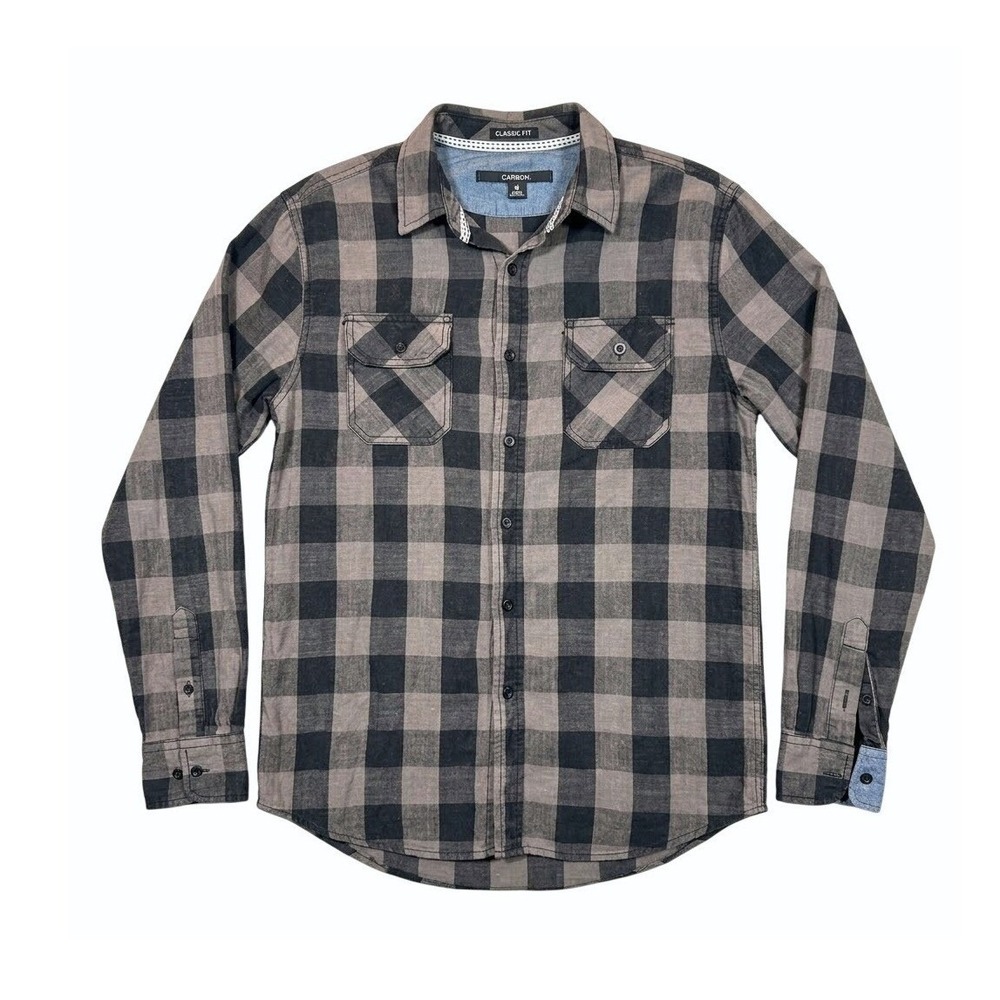 Flannel Shirt Medium Gray Black Buffalo Plaid Long Sleeve Button Down